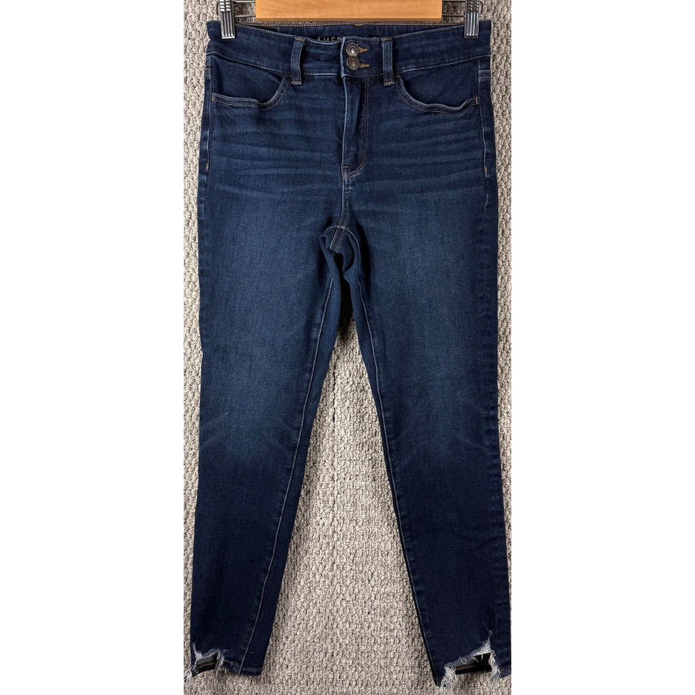 American Eagle Super Stretch Jeans 6 Dark Wash High Rise Frayed Hem Grunge Denim